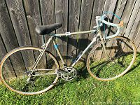 Full side view of the vintage Nishiki racing bicycle leaning against a wooden fence on grass. Represents the general condition and style of the bike.