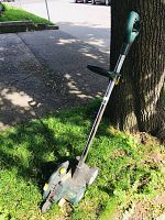 Full view of the Yardworks electric lawn edger standing upright on grass next to a tree and pavement.