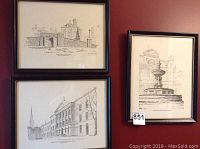 Three framed pencil sketch prints of early Brockville scenes in black frames hung on wall