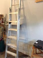 Full view of the aluminium extension ladder showing the bottom half with wide flat steps and solid frame on stained garage floor next to walls and other stored items.