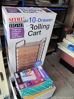 Photo of the Seville Classics 10-drawer rolling cart box showing the brand and product features