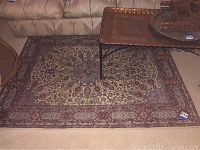 Full view of rug under coffee table and couch showing overall pattern and condition