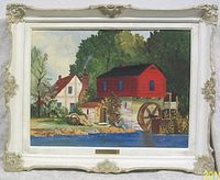 Frontal view of the framed oil painting showing an autumn watermill scene with two houses and a waterwheel by a blue body of water.