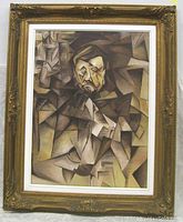 Framed oil painting of abstract male figure in geometric shapes and cubist style, shown full view with ornate carved wooden frame.