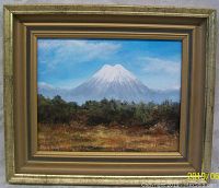 Framed oil painting showing Mt. Egmont with dense forest and a bright blue sky.