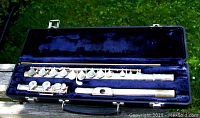 Open case interior showing disassembled flute in three sections with cleaning rod