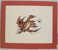 Image showing the entire artwork matted with a reddish border, featuring the indigenous style bird-hand design.