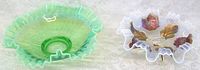 Top perspective of green translucent ruffle edged bowl