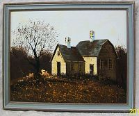 Full view of the framed oil painting of a remote farmhouse depicting the house, tree, and surrounding foliage.
