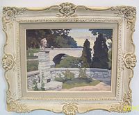 Full view of the oil painting in an ornate carved wooden frame with some damage at the bottom left corner.