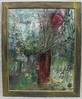 Frontal view of the framed impressionist floral oil painting with visible brush artwork and signature.
