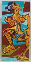 Full view of painting, showing the seated geometric abstract figure and the background colors.