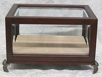 Frontal view of the rectangular glass display case with dark wood frame and elephant-shaped metal feet visible.
