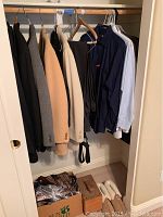 Photo showing hanging men's suits and dress shirts on hangers in a closet, with a box of ties and shoe shine kit on the floor beneath.