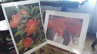 Two unframed floral prints leaning against a chair and radiator. Both feature red-orange flowers and green leaves with white border.