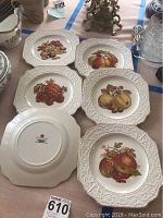 Top-side view of six decorative plates with various fruit designs and embossed gold-rimmed edges.