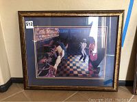 Full view of framed art print featuring the bar scene titled "Little Willie's Show Bar" with patrons and dancing man near jukebox.