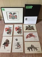 Photo showing the full collection of the framed print and seven art cards signed by Richard Shorty.