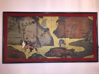 Framed sixfold screen showing full painted mountain pass scene with figures and horses.