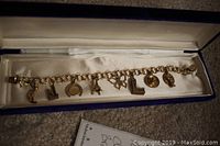 Full view of bracelet laid in presentation box showing all dangling charms on cable-link chain