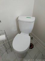 View of full toilet showing tank, bowl, and floor area including toilet paper holder and floor details.