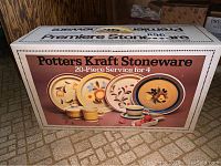 Box of Potters Kraft Premiere Stoneware 20-Piece Service for four, showing box artwork with floral plate designs and product branding.