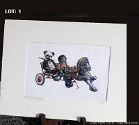 Matted art print featuring a macabre toy trio with a teddy bear, doll, and rocking horse.
