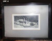 Full view of the vintage framed pencil sketch behind glass, showing dark wood frame and white matting.