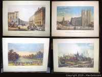 Four vintage plaqued prints laid out showing historic London landmarks with some people and architecture in the scenes.