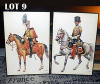 Pair of mid-century Cavalry British Army officer prints on wood, showing detailed mounted officers in colorful traditional uniforms.