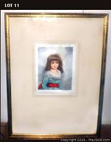 Full view of framed stipple engraving portrait of a young girl in a blue dress with red sash.