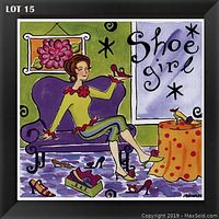 Full view of framed pop-art print showing the woman with shoes and text 'Shoe girl'