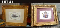Both gilt-framed matted prints of the teacup and teapot side by side, showing the heavy detailed gold frames and mats.