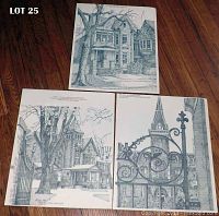 Lot 25 set of three pencil drawings depicting architectural scenes with houses, trees, and ornate gates laid out on a wooden floor.