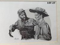 Close-up of the lithograph showing Bogart and Hepburn in black and white, signed 'Lanse'