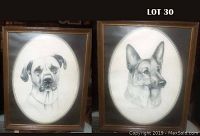 Pair of framed pencil dog portraits, Cane Corso and German Shepherd, signed by Pollyanna Pickering.