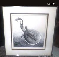 Full front view of the framed Native American art print showing the spiny softshell turtle and tadpole in black-and-white, with frame and matting visible.