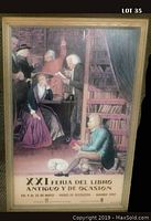 Framed poster showing artwork of several figures reading in a library with a bookshelf and animals. Includes text indicating the event 'XXI Feria del Libro Antiguo y de Ocasión' and dates.