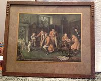 Full view of framed print featuring period scene with men and dogs.