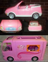 Multiple angles of 1999 Barbie Pink Convertible car showing side view, front and detachable rear trunk.