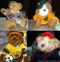 Four Pickford Brass Button Bears teddy bears from 1990 to 1997 in various outfits, two with sports themes, two with knitted sweaters and tams, all with original tags visible.