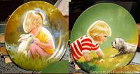 Pair of collectible plates showing one child kissing a white rabbit, the other child looking at a dog.