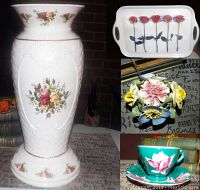 Main photo showing Royal Albert Old Country Roses vase, melamine rose tray, porcelain flower arrangement, and Shafford Japan tea cup and saucer