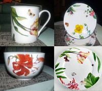 Four-part collage showing floral and butterfly decorated mug, salad plate, cereal bowl, and dinner plate from Royal Worcester Floral Haven set.