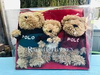 Front view showing three Ralph Lauren Polo bears in original display box, wearing different colored Polo sweaters.