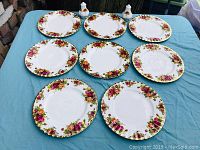 Eight Royal Albert Old Country Roses plates arranged on blue fabric, showing floral rose details and gold trim.