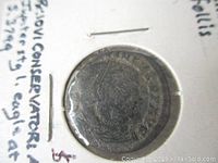 Obverse side of ancient Roman coin showing profile portrait of Emperor Licinius I housed in a protective card with handwritten notes.