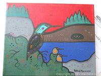 Front view of painting showing hummingbird family and landscape