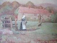 Close-up of the watercolor painting showing figures and cottage in soft muted colors.