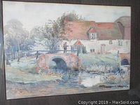 Full view of the watercolour painting showing mill scene with bridge, water, trees, and buildings.
